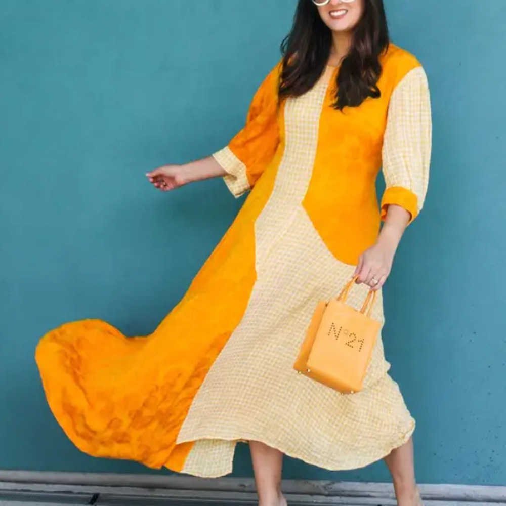 Rejina Pyo Yellow Paneled Asymmetric Maxi Dress Size 10 Linen Cottagecore $1090